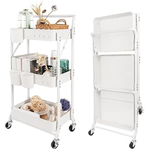 3-Tier Folding Rolling Utility Cart with Wheels, Foldable Storage Cart Organizer with 3 Hanging Cups & 6 Hooks for Kitchen, Office, Living Room, Nursery(White)