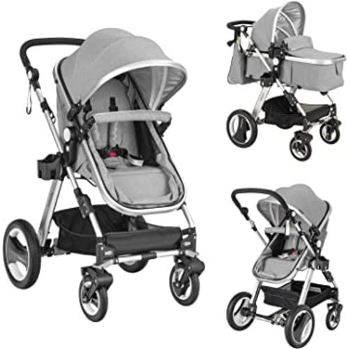 BABY JOY Baby Stroller, 2-in-1 Convertible Bassinet Reclining Stroller, Foldable Pram Carriage with 5-Point Harness, Including Cup Holder, Foot Cover, Diaper Bag, Aluminum Structure, Gray