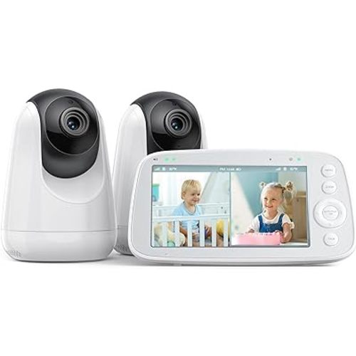 HiPP No WiFi Video Baby Monitor, 5" 720P HD Split-Screen Baby Monitor with 2 Camera and Audio, Infrared Night Vision, 2X Zoom, 900ft Long Range, 4500mAh Battery, 2 Way Audio Talk, White