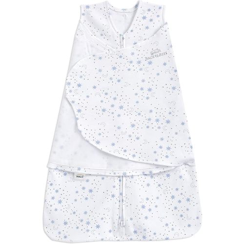 HALO 100% Cotton Sleepsack Swaddle, 3-Way Adjustable Wearable Blanket, TOG 1.5, Midnight Moons Blue, Small, 3-6 Months