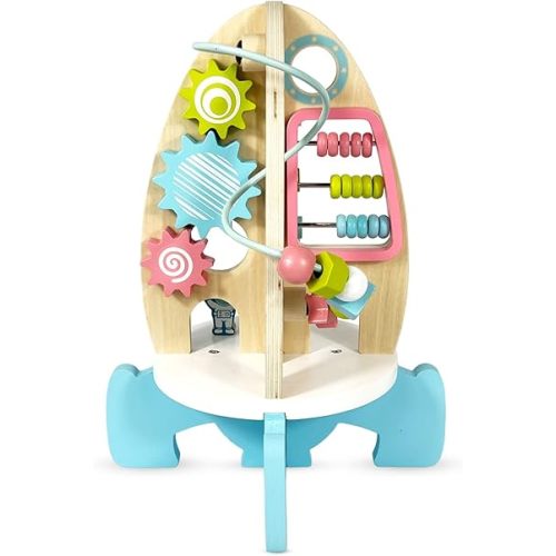 Space Rocket Wooden Activity Cube for Toddlers 1-3 - Includes Colorful Bead Maze for Montessori Sensory Development. Fun Toy Activity Center for Baby Boys & Girls. Excellent First Birthday Gift