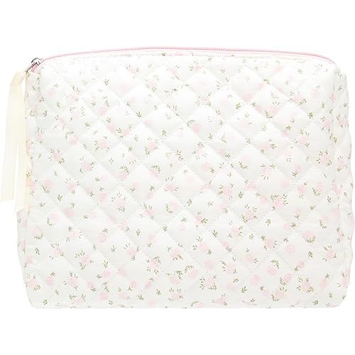 Quilted Makeup Bag Large Travel Zipper Soft Cosmetic Pouch for Women Girls Make Up,Little Flower Pink