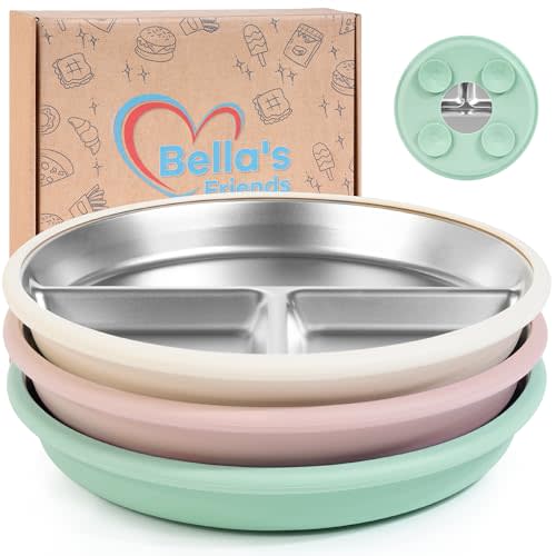 Bella's Friends Stainless Steel Kids Plates 8" Suction Plate for Baby,3 Packs Non-Toxic Divided Toddler Plates,Food-Grade Silicone Plate for Baby,Dishwasher Safe,beige,pink,green