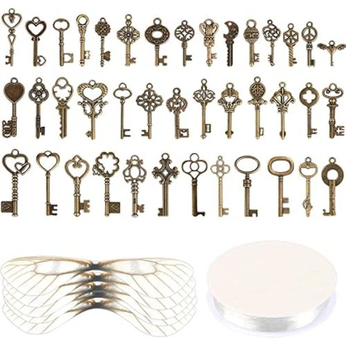 SANNIX Vintage Skeleton Keys Flying Keys Charms with Dragonfly Wings and 30 Yards Elastic Crystal String for Room Decorations