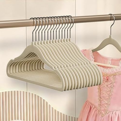 Baby Hangers 11.6 Inch Kids Velvet Non Slip Coat Hangers 30 Pack Toddler Hangers Space Saving Closet Organizer for Toddler Infant Children Clothing (Beige Velvet)