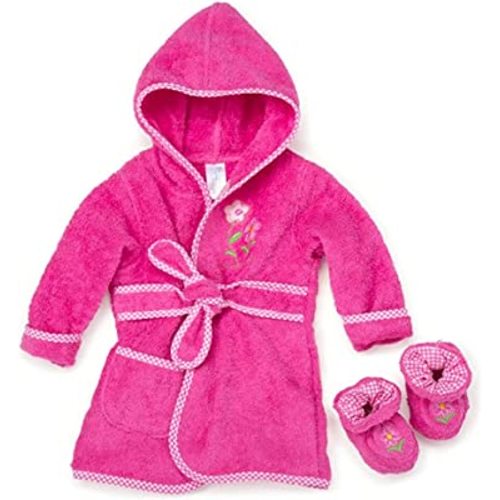 Spasilk 100% Cotton Hooded Terry Bathrobe with Booties, Pink Flower, One Size