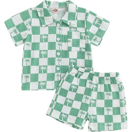 Mandizy Toddler Baby Boy Summer Clothes Checkered Palm Tree Print Shirt Tops and Shorts Set 2Pcs Cotton Linen Outfit
