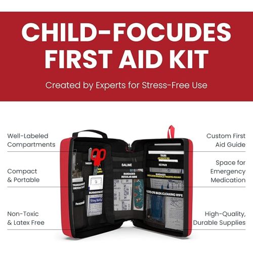 Portable First Aid Kit for Kids with CPR Shield - Ideal for Home, Car, School, Camping, and as a Travel First aid kit. Latex-Free Bandages – Children First Aid Guide by The Life Safety Pro