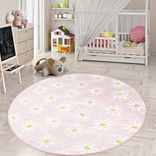 Spring Children Room Round Rug - Pink Daisy Circle Carpet - Floral Nursery Oval Rug - Garden Bloom Flower Washable Circular Playmat