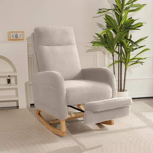 Rocking Chair Nursery with Foot Rest, Sherpa Nursing Rocking for Mom Nursery Rocker Chair with High Backrest, Armchair Rocker Glider with Side Pocket for Living Room, Bedroom, Teddy Begie