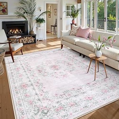 Wonnitar Floral Bow Print 8x10 Area Rugs, Washable Pink Rugs for Bedroom Girls, Boho Ultra-Thin Soft Non Slip Carpet for Nursery Living Room Kids Room Classroom Decor, Light Pink