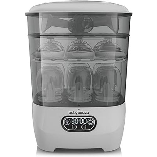 Baby Brezza Bottle Sterilizer and Dryer Advanced – 33% Faster - Largest Capacity Steam Sanitizer - Universal Sterilization Machine for All Bottles + Pump Parts - HEPA Air Filter, Grey