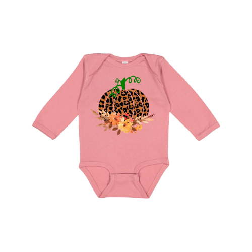 Inktastic Cheetah Print Pretty Pumpkin with Fall Leaves Boys or Girls Long Sleeve Baby Bodysuit