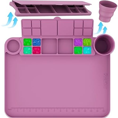 Silicone Painting Mat with Cup and Palette Detachable, 17"X13" Thick Silicone Craft Mat with Raised Edge for Artist, Kids Painting Station Silicone Creator Mat, Purple