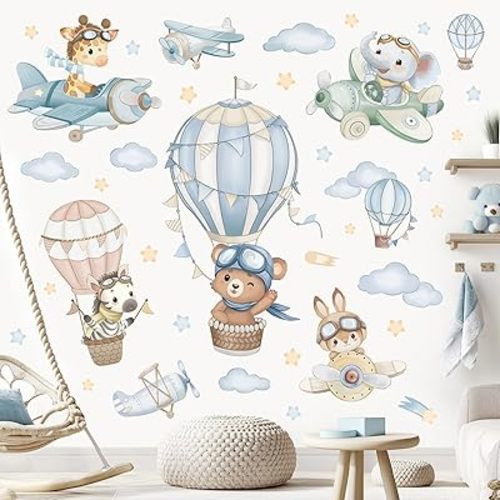 wondever Watercolor Hot Air Balloon Animals Wall Stickers Airplane Bear Elephant Cloud Peel and Stick Wall Art Decals for Kids Baby Nursery Bedroom