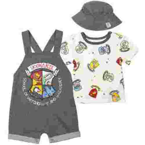 Harry Potter Newborn Baby Boys French Terry Short Overalls T-Shirt and Hat 3 Piece Outfit Set Newborn to Infant