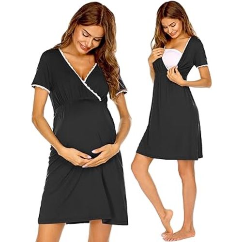 Ekouaer Nursing Nightgown Delivery and Labor Gown for Hospital Short Sleeve Maternity Breastfeeding Dress