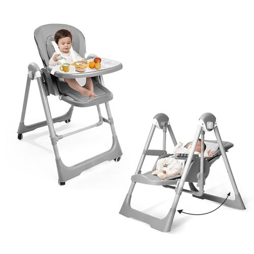 Boyro Baby 5-in-1 Baby High Chair, High Chairs for Babies and Toddlers, Baby Swings for Infants, Baby Rocker with Removable Tray, Adjustable Backrest & Height & Footrest, Portable & Foldable - grey-high chair +baby swing