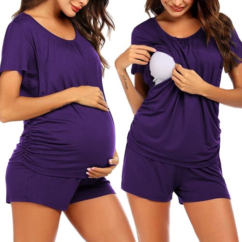 Ekouaer Women's Maternity Nursing Pajamas Set Breastfeeding Sleepwear Double Layer Short Sleeve Top & Shorts Pregnancy PJS