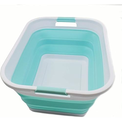 SAMMART 41L (10.8 gallon) Collapsible Plastic Laundry Basket-Foldable Pop Up Storage Container/Organizer-Portable Washing Tub, Water capacity: 32L (8.4 gallon) (Rectangular, White/Lake Green)