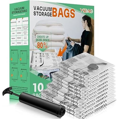 10 Pack Vacuum Storage Bags,Space Saver Bags with Hand Pump,Vacuum Sealer Bags for Store Clothing,Comforters,Blankets,and other Bedding(2Jumbo/2 Large/3 Medium/3 Small)