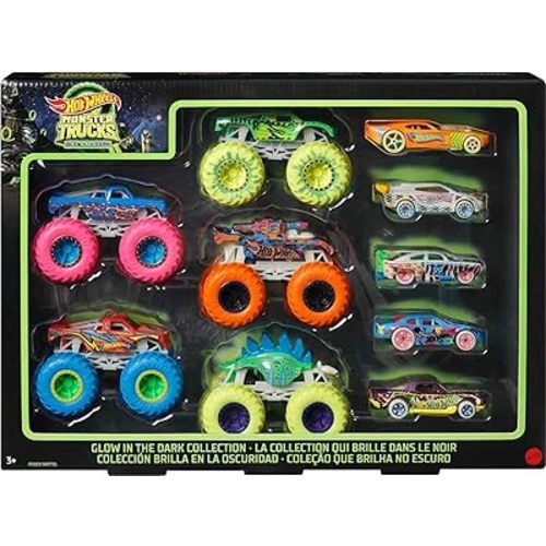 Hot Wheels Toy Monster Trucks 10-Pack, Set of 5 Glow in The Dark 1:64 Scale Trucks & 5 GITD 1:64 Scale Cars, Play Vehicles for Kids & Collectors