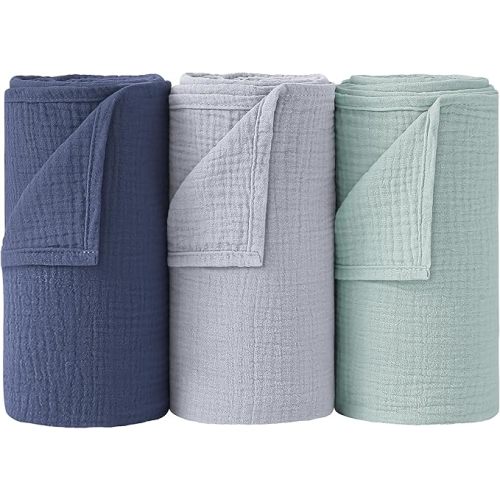 Bearmoss Muslin Swaddle Blankets, 40 x 38 inches Baby Swaddle for Boys and Girls, Soft Baby Blanket, 3 Pack Breathable Nursery Receiving Blankets (Blue Green)