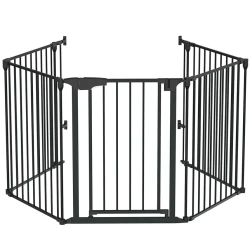Bonnlo 120 Inches Wide Configurable Baby Gate, Fireplace Safety Fence/Guard, Adjustable 5-Panel Metal Play Yard for Toddler/Pet/Dog, Christmas Tree Fence, Includes 4 Pack of Wall Mounts, Black