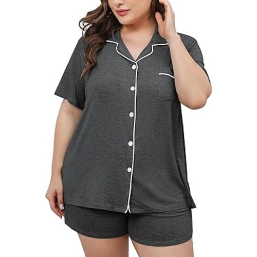 SWOMOG Women's Plus Size Pajamas Set Button Down Tops Short Sleeve Sleepwear Soft Pajama Shorts 2 Pcs Lounge Sets With Pocket