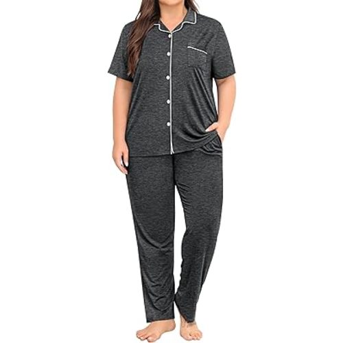 SWOMOG Women's Plus Size Pajama Set Short Sleeve Sleepwear Top and Pants Button Up Pajamas for Women Loungewear
