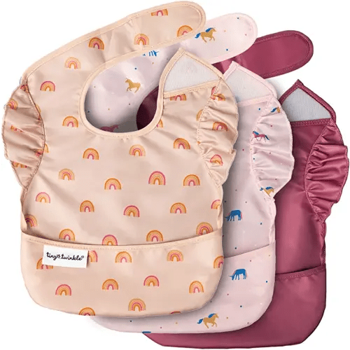Tiny Twinkle Mess Proof Baby Bibs for Eating - Waterproof, Wipeable Bibs - Toddler Bibs - Travel Friendly - PFAS, PVC, BPA, Phthalate Free - Baby Food Bibs(3 Pack,Unicorn)