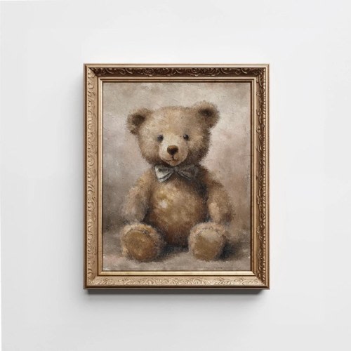 Vintage Teddy Bear Print, Nursery Room Painting, Kid Neutral Art, Girl Bedroom Wall Art, Modern Organic Decor, Baby Shower Coquette Download