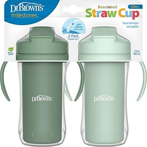 Dr. Brown's Milestones Insulated Sippy Cup with Straw and Handles, Spill-Proof Tumbler with Lid, 2-Pack, Green, 10 oz/300 mL, BPA Free, 12m+