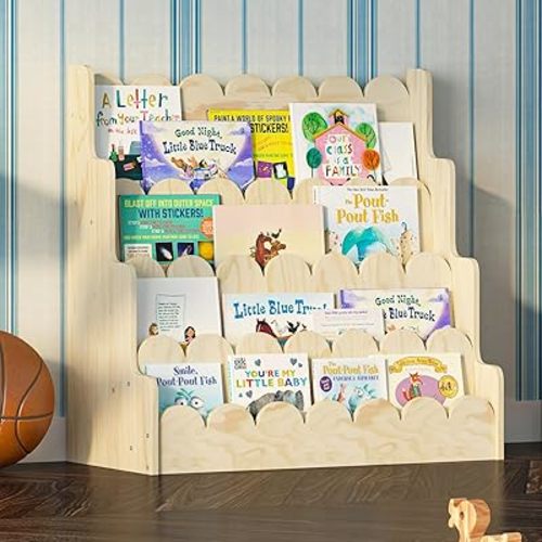 NACHES Wood Kids Bookshelf Scalloped Montessori Toddler Nursery Bookcase Baby Book Magazine Display Shelf 4 Tier Front Facing Children Book Rack Toy Organizer Girl Boy Bedroom Classroom Playroom