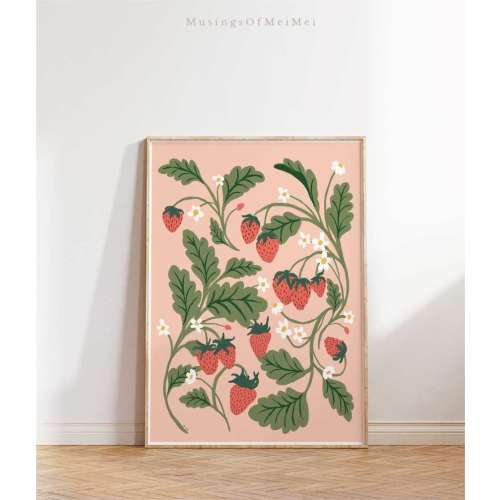 Strawberry Fields Wall Art, Strawberry Print, Kids Room Decor, Botanical Print for Kitchen Decor, Pink Nursery Decor, Instant Download