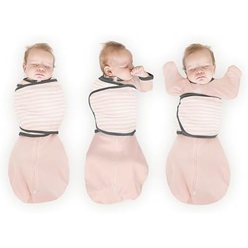 Amazing Baby Omni Swaddle Sack for Newborn, Transitional Swaddle Sack with Wrap & Arms Up Sleeves & Mitten Cuffs, Easy Transition Swaddle Sleep Sack, Pink Stripes, Small, 0-3 Months