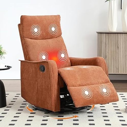 Manual Rocker Swivel Recliner Chair for Adults, Overstuffed Recliner Glider with Massage and Heat, Comfy Soft Fabric, Living Room Reclining Sofa Chair, Orange