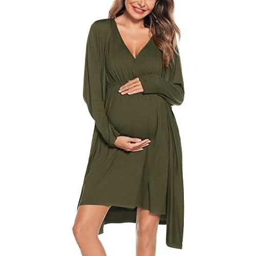 SWOMOG Women Maternity Nursing Gown and Robe Set 3 in 1 Labor Delivery Nursing Nightgown for Breastfeeding Hospital Bathrobe