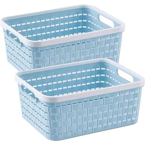 Plastic Storage Bin Baskets, Toilet Paper Basket for Bathroom, Plastic Organizer Shower Caddy with Handles for Living Room (Blue 2 Pack)