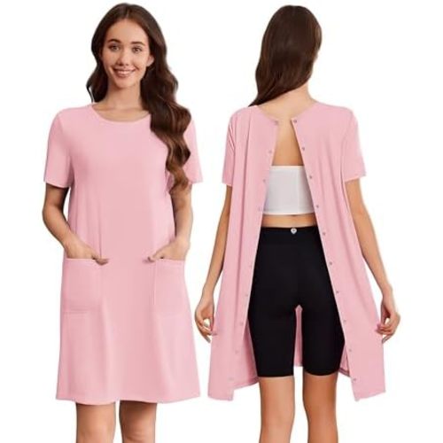 Deyeek Hospital Gowns for Women Open Back Tear Away Snap Nursing Dress Short Sleeve Soft Adaptive Clothing With Pockets