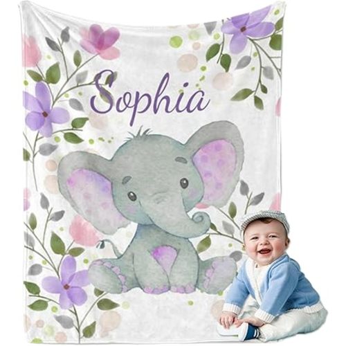 Custom Elephant Baby Blanket with Name, Personalized Baby Blankets for Girls, Swaddle Blanket for Newborns, Toddlers, Unisex, Style 3, 10x15 in, Flannel, Throw Blanket
