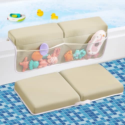 Baby Bath Kneeler and Elbow Rest Pad Set,Bath Kneeling Pad Thick Soft Quick Dry Bathtub Mat for Bathing Time,Baby Essentials Memory Foam with Toys Organizer Gifts for Parents,Khaki