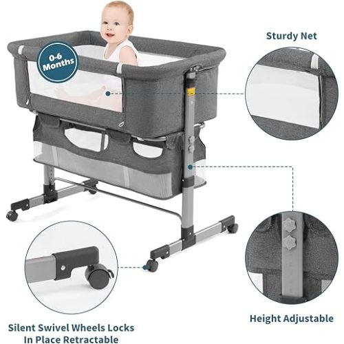 Bedside Sleeper Bedside Crib, Baby Bassinet 3 in 1 Travel Baby Crib Baby Bed with Breathable Net,Adjustable Portable Bed for Infant/Baby(Deep Grey)