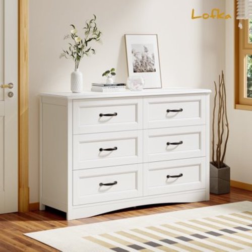 White Dresser, Lofka 6 Drawer Dresser for Bedroom, Wood Double Dresser for Living Room