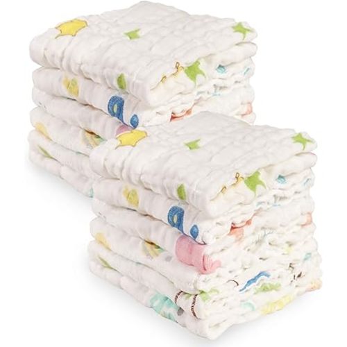 Viviland Baby Washcloths Wash Cloths for Babies,Muslin Washcloths Baby,12-Pack,12 X 12 inches Absorbent and Soft Newborn Essentials Must Haves - Dinosaur & Flamingo