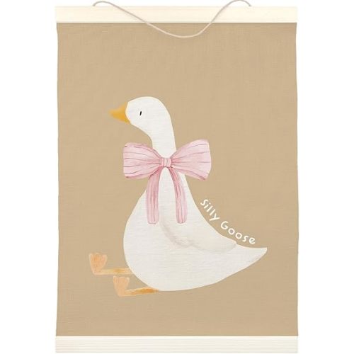 LKETW Desert Yellow Silly Goose Poster Hanger Frame 12x16 inch, Preppy Wall Art, Goose Decor, Bow Goose Wall Art for Preppy Room Aesthetic, Goose with Pink Bow Hanging Banner Decor for Dorm Bedroom