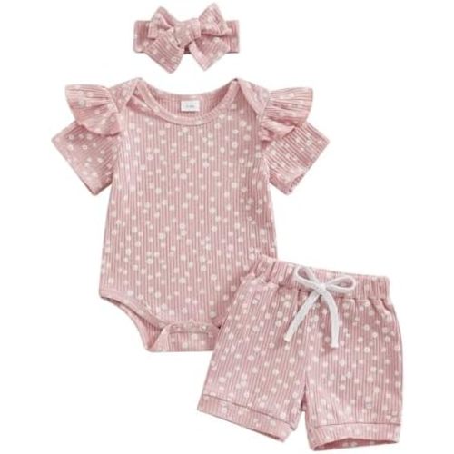 Newborn Baby Girl Clothes Summer Knit Ribbed Floral Print Short Sleeve Romper Shorts Headband Outfit Set