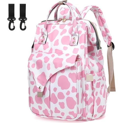 Cow Print Diaper Bag Backpack for Baby Girls Boys, Large Capacity Multifunction Waterproof Maternity Mom Nappy Bags with Stroller Straps (Pink)