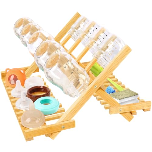 MJZ Baby Bottle Drying Rack, Foldable Bamboo Bottle Rack Dryer Space Saving, Travel Vertical Portable Baby Bottle Storage Organizer for Countertop Baby Accessories