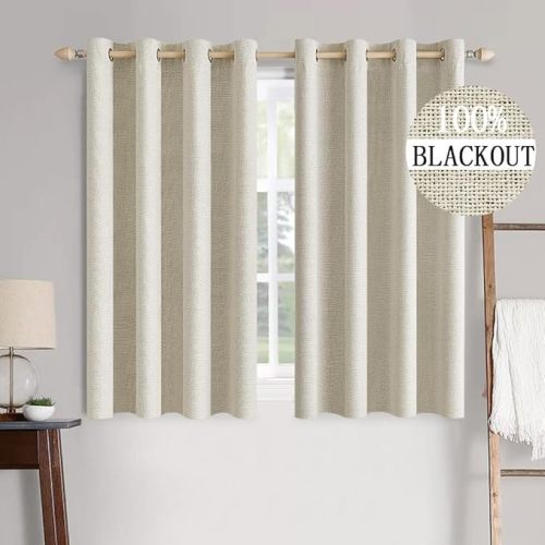 MIULEE 100% Blackout Linen Textured Curtains for Bedroom Solid Thermal Insulated Cream Grommet Room Darkening Curtains & Drapes Luxury Decor for Living Room Nursery 52 x 45 Inch (2 Panels)